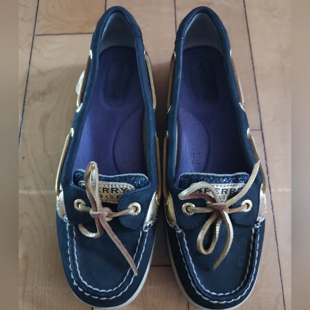 Sperry Topsider Angelfish Women's Black and Gold Glitter Boat Deck Shoes
